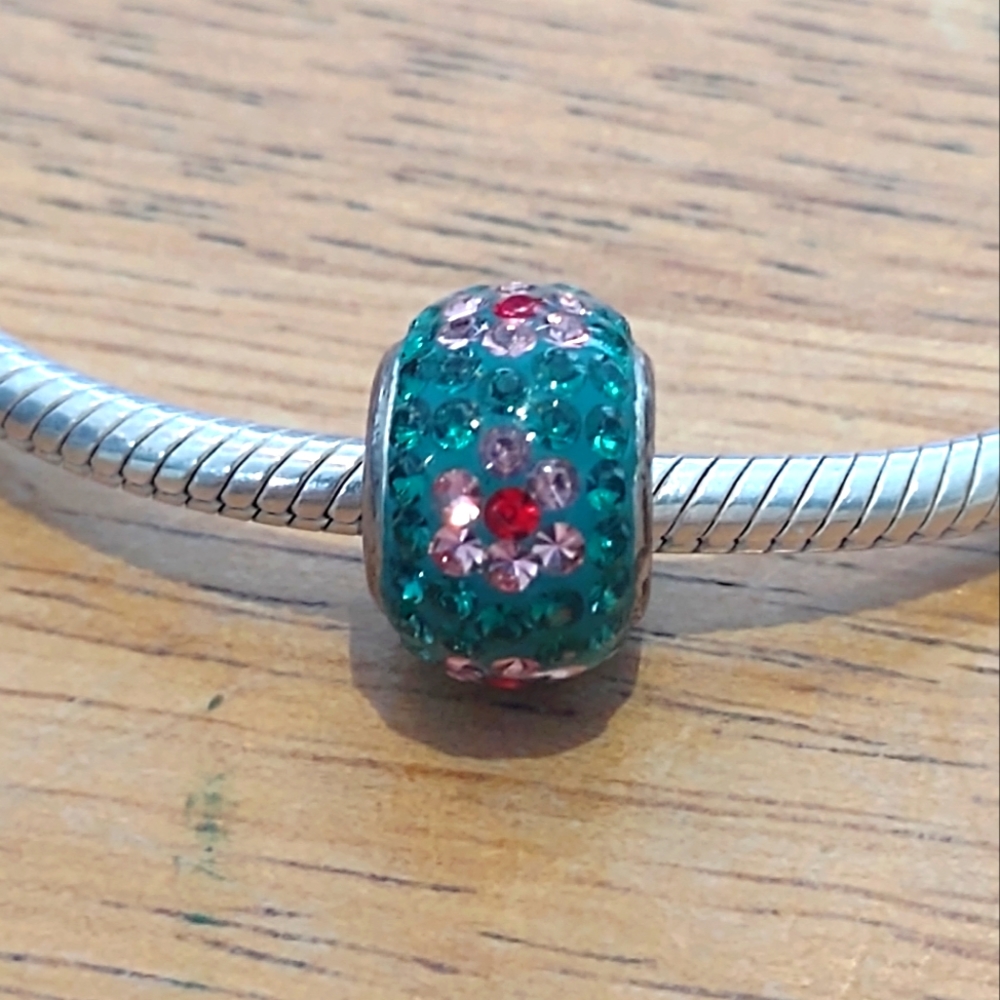 Piercing pagoda rhinestone aqua and pink sterling silver charm bracelet bead